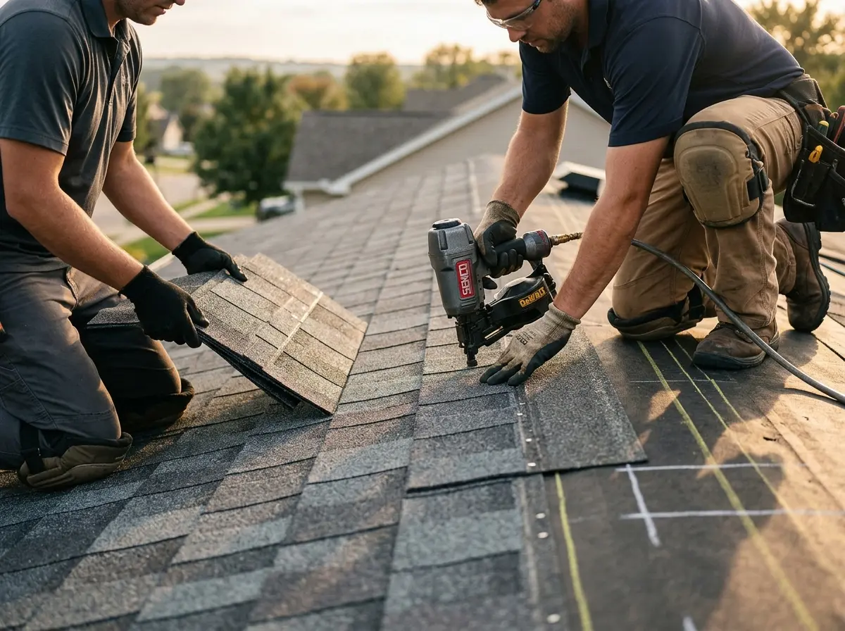 Professional roofer working on a residential roof in East Huntingdon